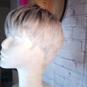 Platinum blonde pixie wig with dark roots